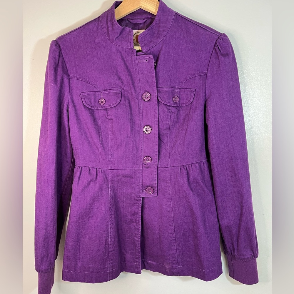 Anthropologie Tulle Purple Cotton Denim Fitted Peplum Jacket Women’s Size Small